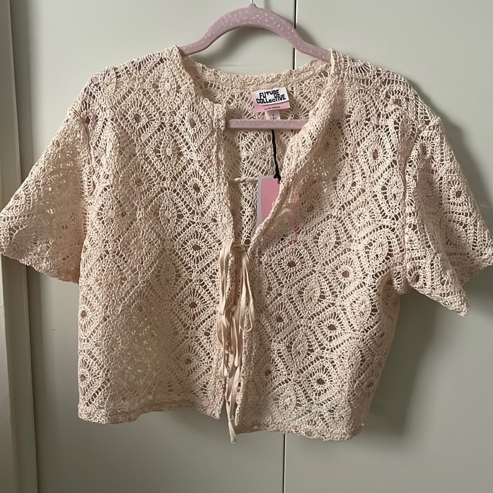 Womens Future Collective Short Sleeve Tie Front Crochet Shirt
